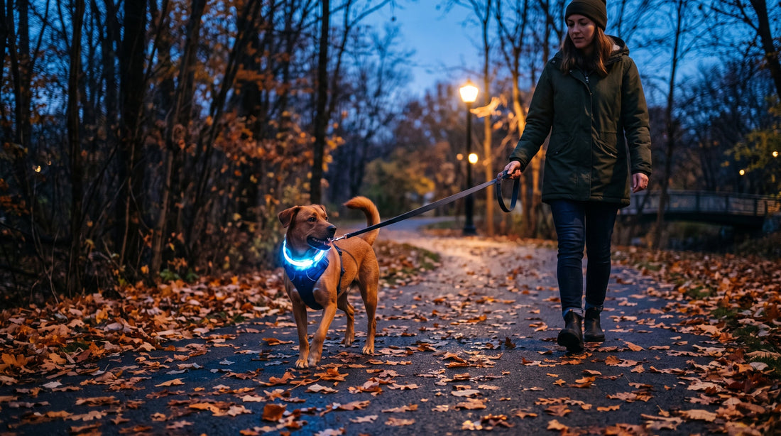 Refleks og LED for hund om høsten – derfor er synlighet viktigere enn du tror